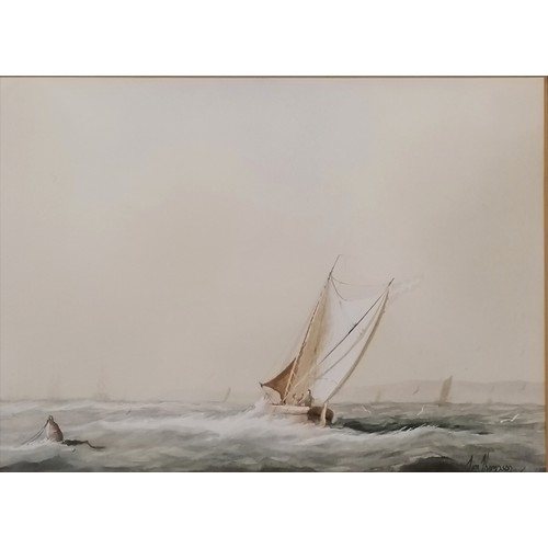 445 - 2 x framed watercolour paintings of ships at sea (Dutch boat at Torpoint & An Armada action) by Jim ... 