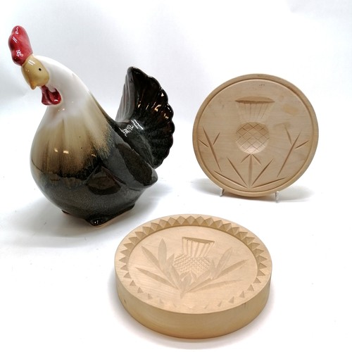 455 - 2 wooden shortbread moulds largest 20cm diameter T/W a pottery chicken 29cm high all in good used co... 