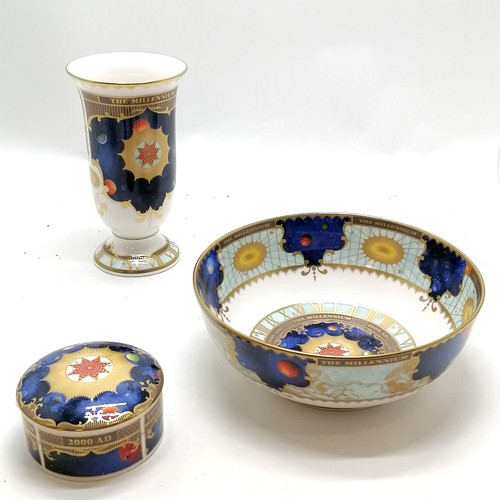 458 - Royal Worcester Millenium vase 20cm high , bowl 23cm diameter and sample lidded pot all with no obvi... 