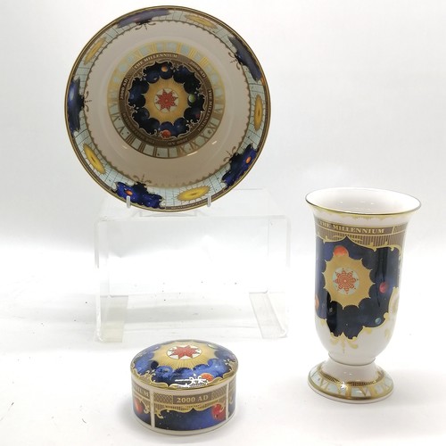 458 - Royal Worcester Millenium vase 20cm high , bowl 23cm diameter and sample lidded pot all with no obvi... 