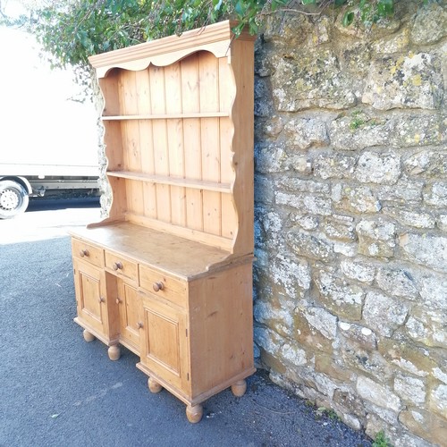 464 - Pine two part dresser with antique base combprising of 3 cupords and 3 drawers. 132cm x 45cm x total... 