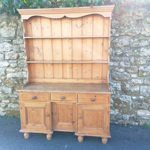 464 - Pine two part dresser with antique base combprising of 3 cupords and 3 drawers. 132cm x 45cm x total... 