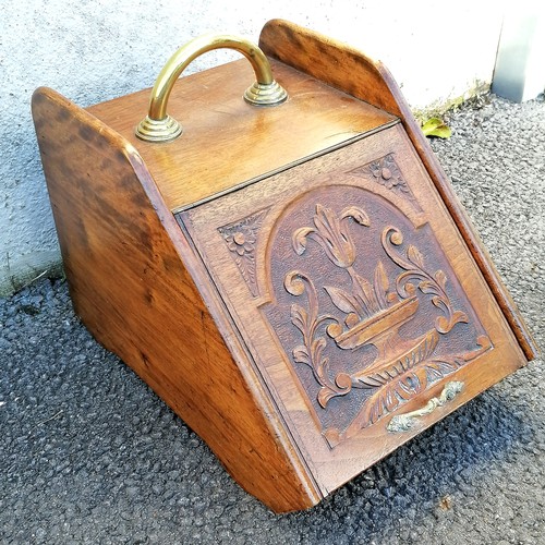 470 - Antique mahognay coal bin with carved front and orignal liner. 33cm x 55cm x 33cm. missing its shove... 