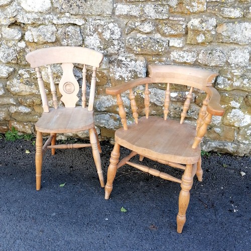 471 - Beech wood Captains chair 78cm x 50cm x 60cm t/w kitchen chair both in overall good used condition.