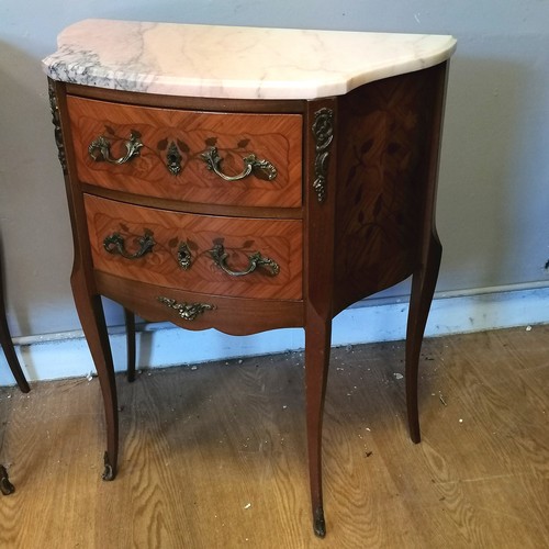 481 - Pair of French 2 door bedside cabinets. with pink marble tops, ormalou mounts and inlaid flower deco... 