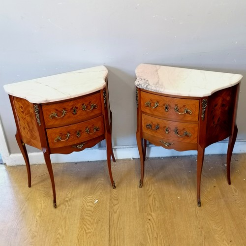 481 - Pair of French 2 door bedside cabinets. with pink marble tops, ormalou mounts and inlaid flower deco... 