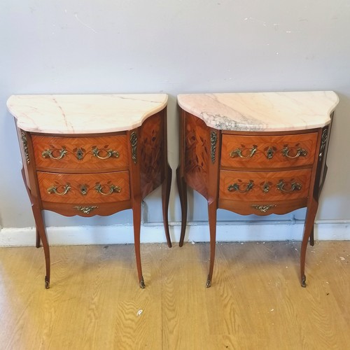 481 - Pair of French 2 door bedside cabinets. with pink marble tops, ormalou mounts and inlaid flower deco... 