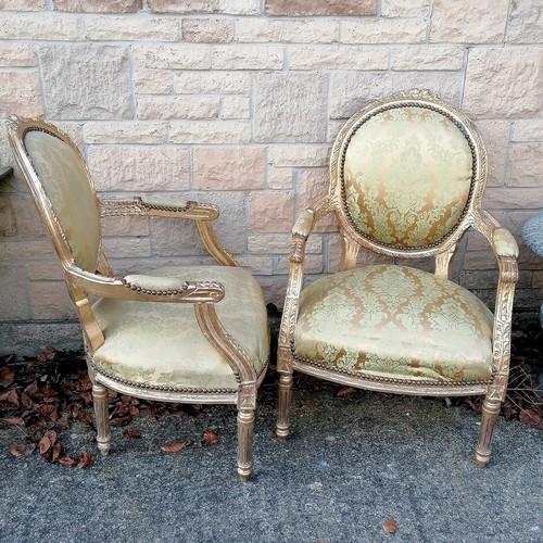 483 - Pair of French upholstered gilt wood armchairs With open arms. D55cm x W60cm x H93cm. In overall goo... 