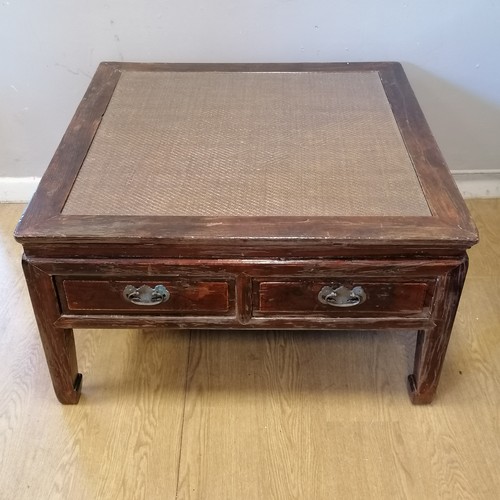 484 - Oriental square coffee table with 2 drawers and a rattan and glass top. D90cm x W90cm x H50cm. some ... 