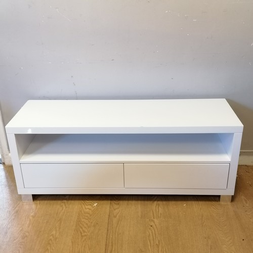 486 - Contemporary gloss white tv cabinet/ sideboard. with 2 drawers and a shelf. D39cm x W120cm x H45cm. ... 