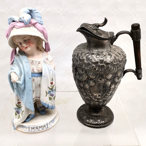 510 - German figure entitled Mama, with factory fault, t/w set of dominoes, pewter hotwater jug, t/w brass... 