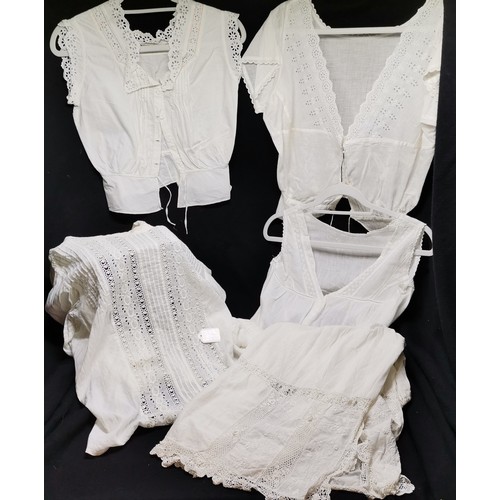 3 x broderie anglaise Edwardian cotton camisoles t/w 1930's cotton blouse  and white cotton petticoat