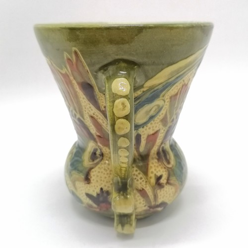 2 - Baron pottery Barnstaple 2 ribbon handled vase decorated with sgraffito fish - 15cm high x 13cm diam... 