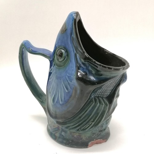 4 - 1909 C H Brannam studio pottery fish head jug - 17cm high ~ has chip to base & slight losses to glaz... 