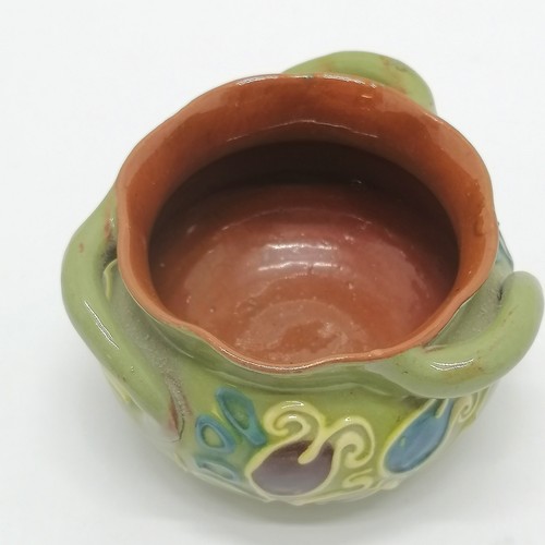 5 - 1905 Brannam pottery posy pot with stylised 3 handles - 9.5cm diameter x 6cm high ~ slight chip to t... 