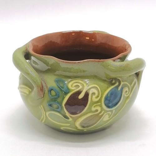 5 - 1905 Brannam pottery posy pot with stylised 3 handles - 9.5cm diameter x 6cm high ~ slight chip to t... 