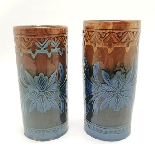 6 - 1885 C H Brannam 2 x vases decorated with birds / flowers - tallest 14cm high ~ 1 vase cracked & bot... 