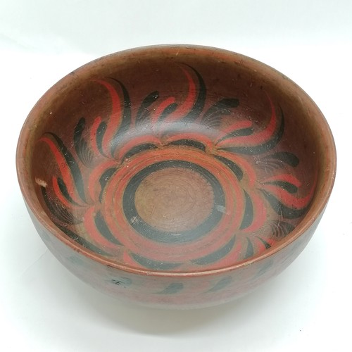 21 - Indian lacquered turned wooden bowl with hand painted decoration - 30cm diameter - some losses to th... 