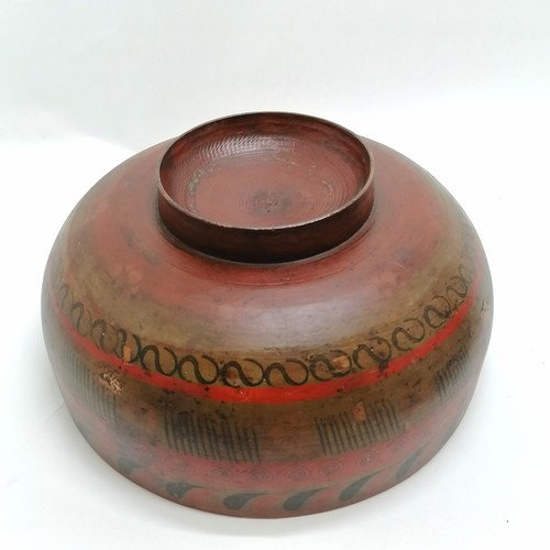 21 - Indian lacquered turned wooden bowl with hand painted decoration - 30cm diameter - some losses to th... 