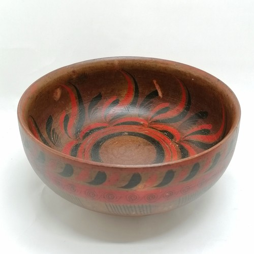 21 - Indian lacquered turned wooden bowl with hand painted decoration - 30cm diameter - some losses to th... 