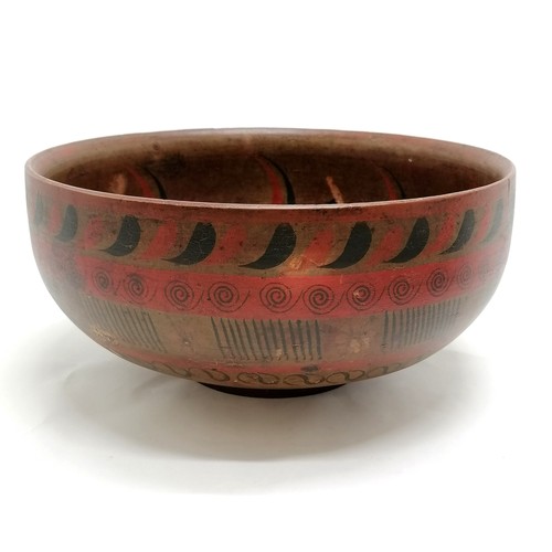 21 - Indian lacquered turned wooden bowl with hand painted decoration - 30cm diameter - some losses to th... 