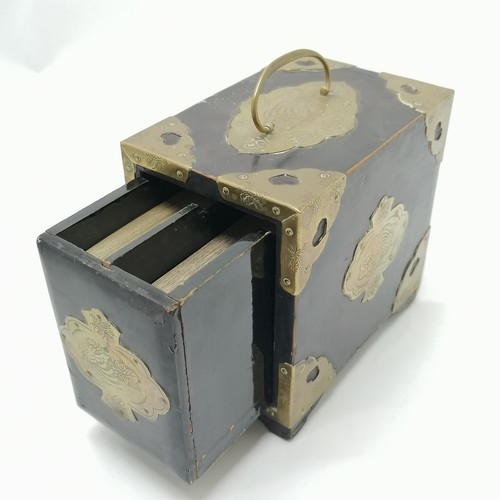 26 - Oriental brass bell on stand 33cm high T/W a laquer and brass mounted cards box.