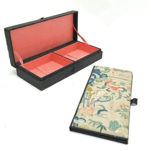 28 - Oriental silk box and notebook holder with antique silk embroidered panels 21cm x 9cm