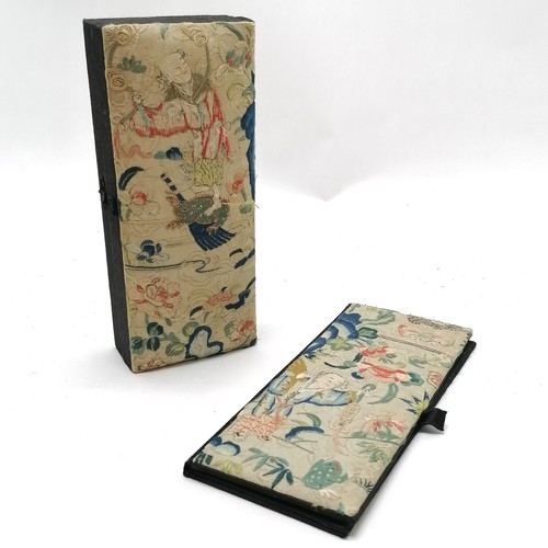 28 - Oriental silk box and notebook holder with antique silk embroidered panels 21cm x 9cm