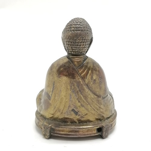 32 - Antique antimony seated Buddha with lidded incense burner detail and script to front - 11cm high & n... 