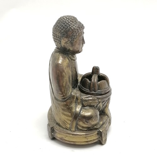 32 - Antique antimony seated Buddha with lidded incense burner detail and script to front - 11cm high & n... 