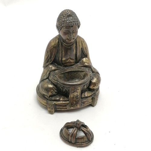 32 - Antique antimony seated Buddha with lidded incense burner detail and script to front - 11cm high & n... 