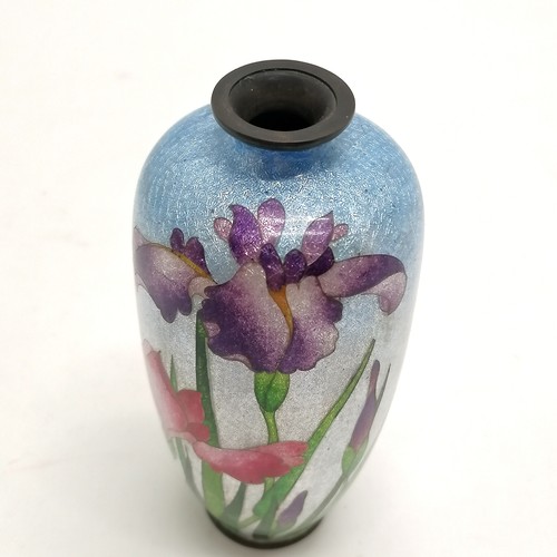 33 - Oriental cloisonne vase decorated with irises - 14cm high ~ slight imperfection but otherwise in ove... 