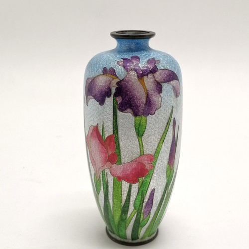 33 - Oriental cloisonne vase decorated with irises - 14cm high ~ slight imperfection but otherwise in ove... 