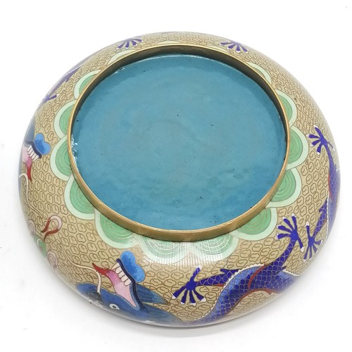 35 - 2 x Chinese cloisonne - 20cm diameter bowl with blue dragon detail on turned wooden stand & swing li... 