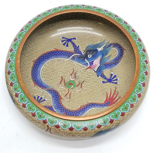 35 - 2 x Chinese cloisonne - 20cm diameter bowl with blue dragon detail on turned wooden stand & swing li... 