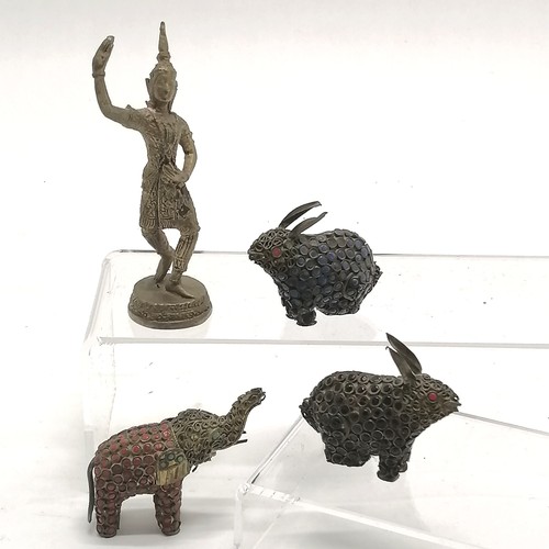 38 - Asian brass dancing figure + 3 x Indian jewelled animals - elephant 5cm high and all 3 have slight l... 