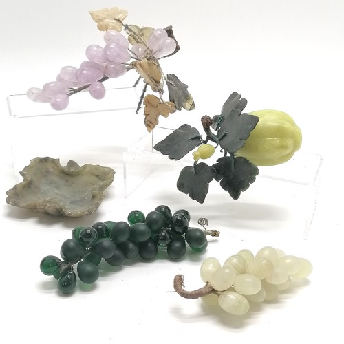 39 - 3 x Oriental bunches of grapes inc rose quartz, onyx & glass t/w soapstone carved persimmon & soapst... 