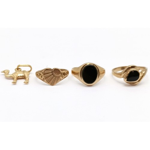 677 - 3 x 9ct gold rings inc 2 set with onyx (inc signet) t/w 9ct gold camel charm - 9.7g total weight