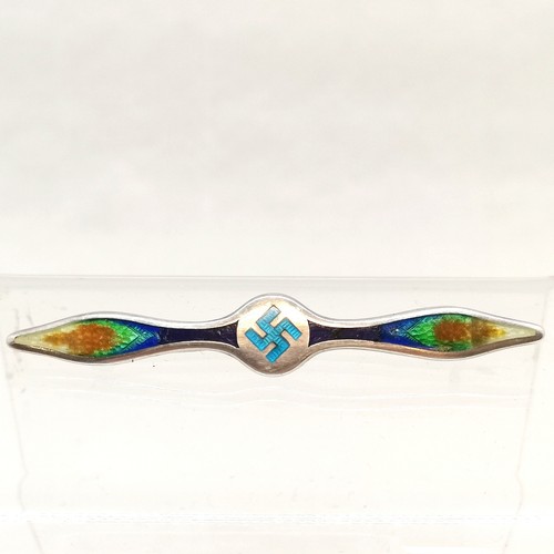 678 - Silver enamel propeller shaped brooch with swastika detail by Arthur Johnson Smith - 7.5cm long ~ sl... 