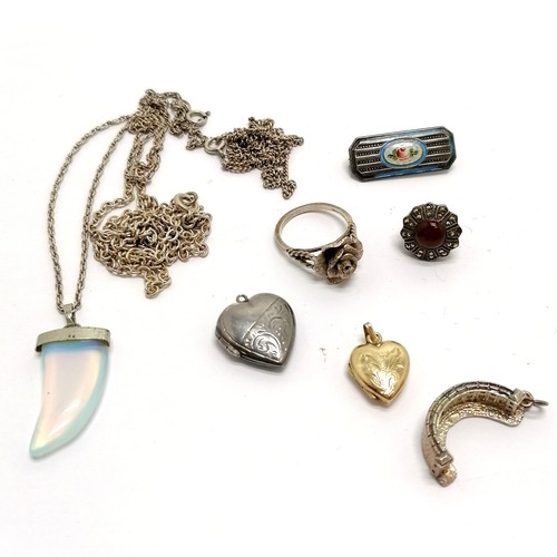 691 - Charles Horner brooch (a/f), gold front & back heart locket, 3 silver necklaces (1 with glass pendan... 