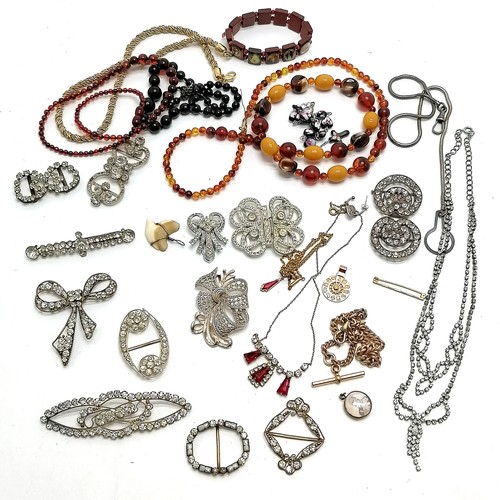 693 - Qty of costume jewellery inc antique buckles, kigu hat decoration, albert chain, Monet necklace, KEV... 