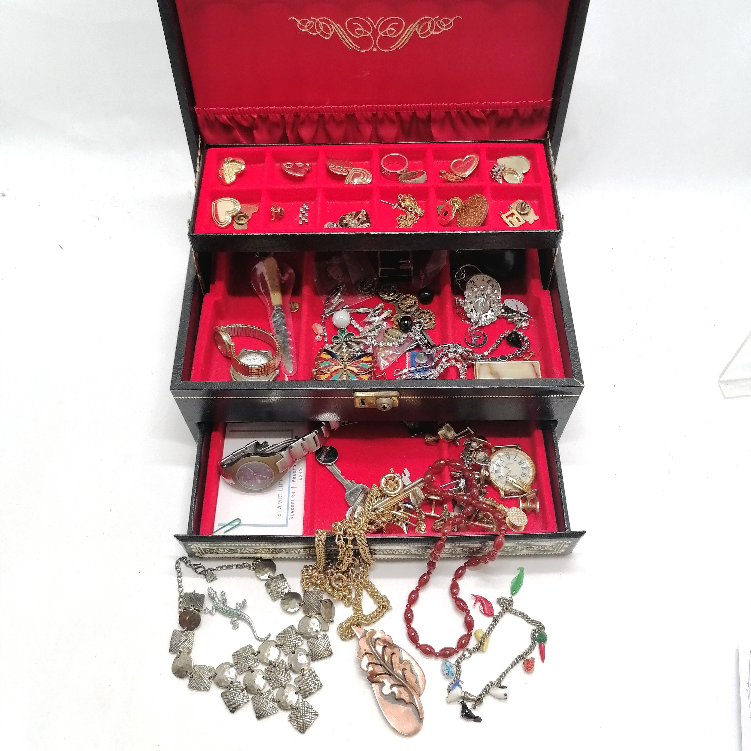 Black jewellery box with contents inc glass charm anklet, cornelian