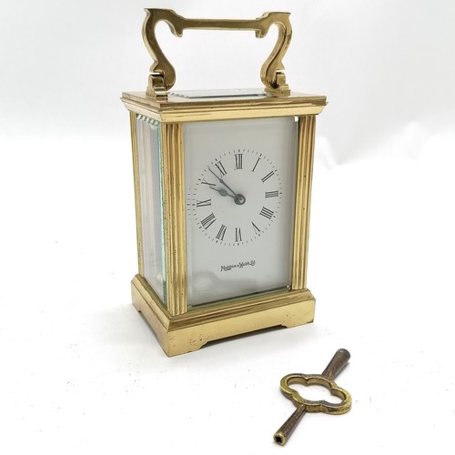 1119 - Mappin & Webb Ltd brass cased carriage clock - 15cm high (with handle) - runs BUT WE CANNOT GUARANTE... 