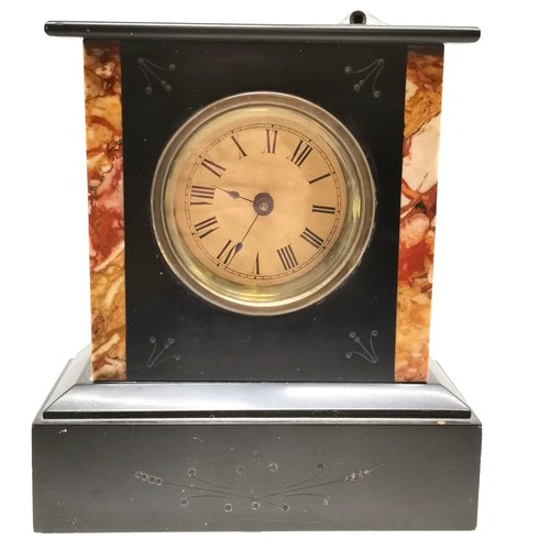 1123 - An Antique slate and marble mantle clock 18 cm wide, 21 cm high, 9.5 cm depth, complete with key, we... 