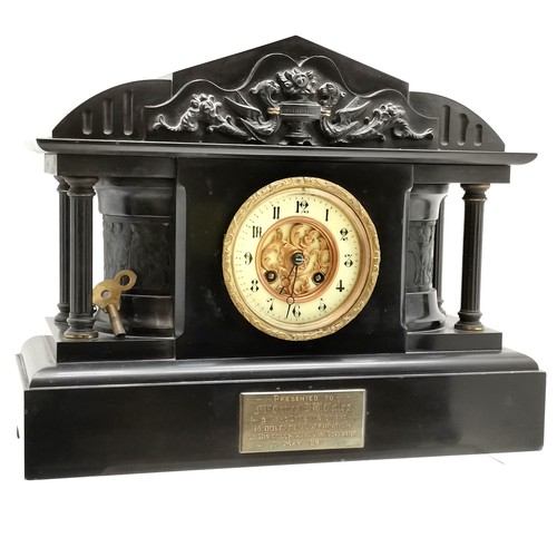 1124 - Victorian slate mantle clock, decorated with classic scenes and columns, 37.5cm wide x 32cm high x 1... 