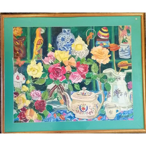 53 - Framed large contemporary watercolour of roses and a teapot signed Giltsoff by Natalie Giltsoff, fra... 