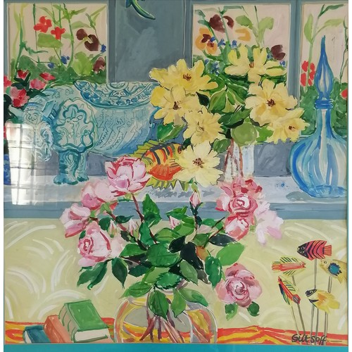 54 - Framed large contemporary watercolour of roses in a window with fish and parrots signed Giltsoff by ... 