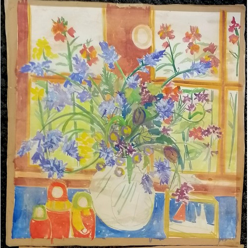 56 - 2 unframed contemporary watercolours of a vase of flowers in a window vase of flowers with a shell, ... 