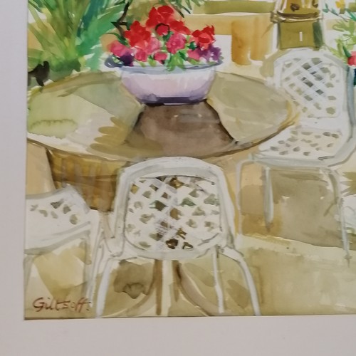 57 - 2 mounted contemporary watercolours of a garden table and chairs 80cm x 67cm and vase with striped f... 