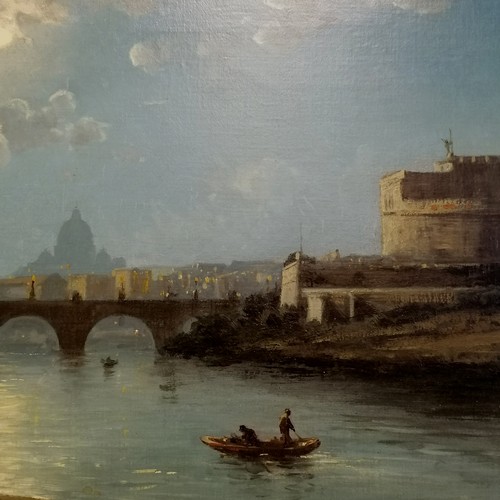 62 - Antique framed oil painting of Rome in the moonlight looking up the River Tiber & signed indistinctl... 